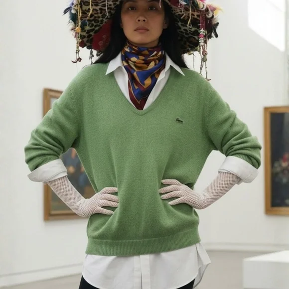 Vintage Izod V-Neck Sweater 70s Green Alligator Logo Preppy Old Money L - Picture 1 of 10